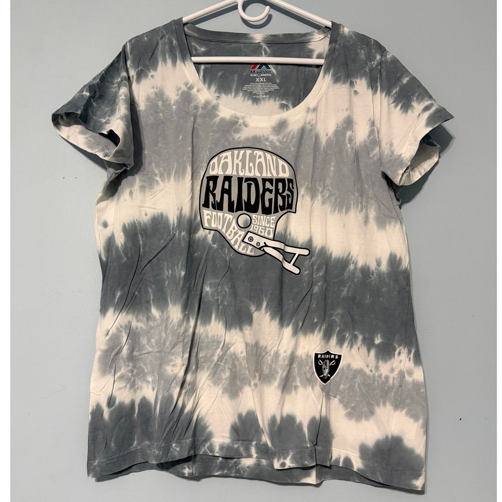 Majestic Oakland Raiders XXL Tie Dye T-Shirt NFL Team Apparel Gray White 2185